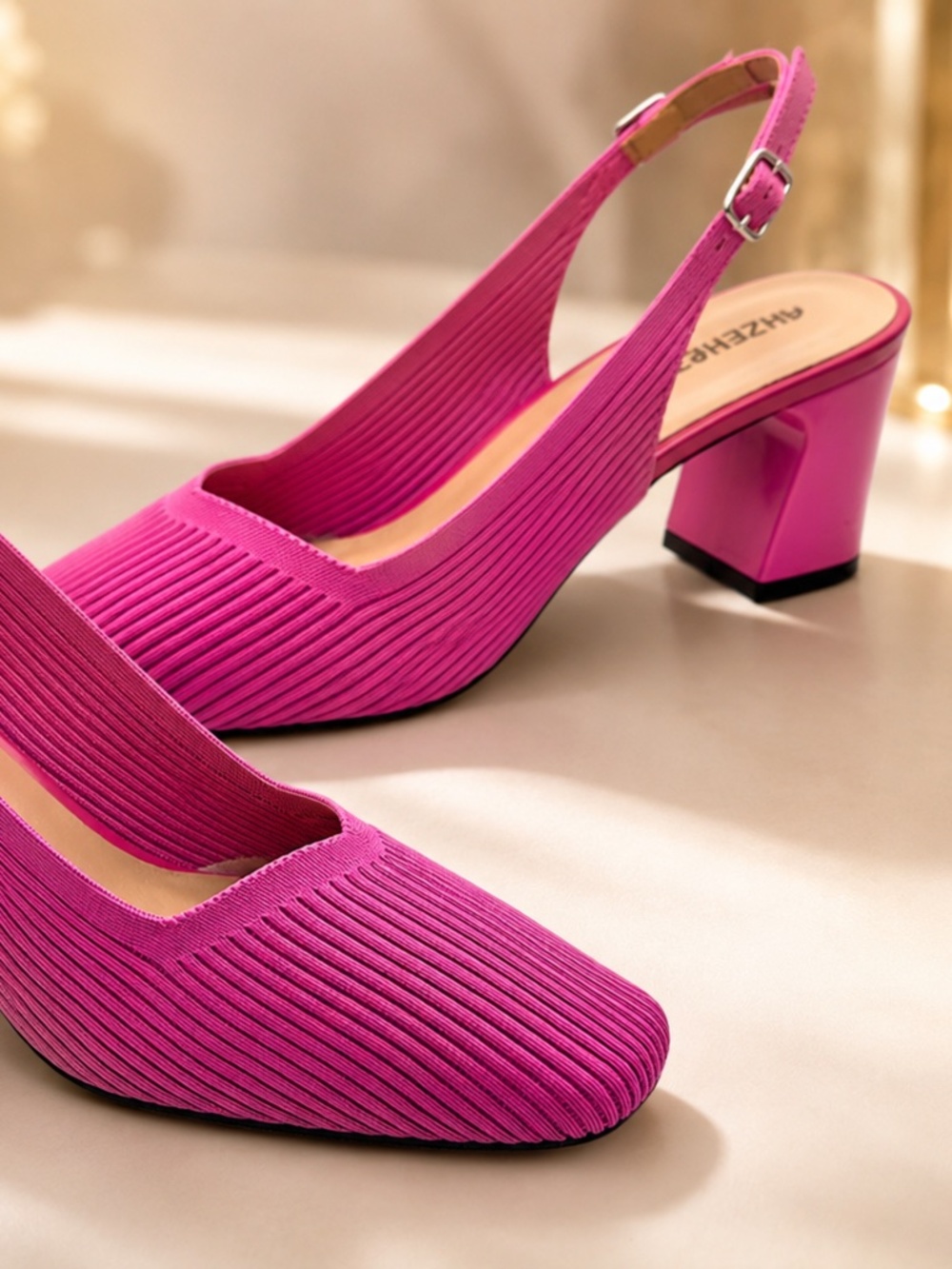 Alzense Pink Ribbed Knit Slingback Pumps Women’s Size 9 Block Heel Shoes